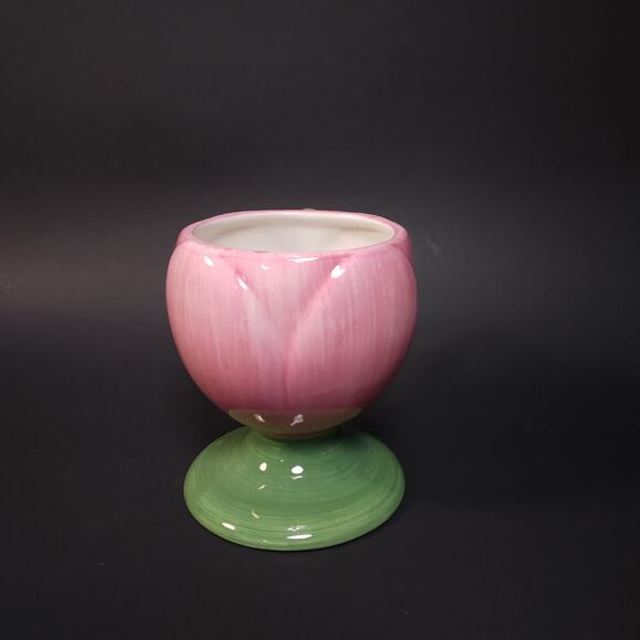 Pretty Pink Tulip Teacup Green Footed Base, Vtg '90s Pastel Spring Easter Decor - Picture 2 of 7